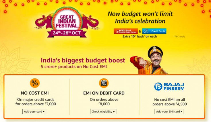 Amazon Bank Offers for Great Indian Festival Sale Posted By Ganesh on October 8, 2020 The Amazon Great Indian Festival sale is set to begin on October 17th with a 24-hour exclusive early access for Amazon Prime members. The Amazon Great Indian Festival Sale is one of the biggest online shopping festivals in India where shoppers can get huge discounts, deals and offers on products ranging from smartphones, home decor, electronics to daily essentials. However, not many know that it’s possible to save even more simply using their credit or debit cards with the help of Amazon bank offers. Here’s everything you need to know regarding Amazon Bank offers which you can use to save big this festival season. Contents ICICI Bank Credit Card Offers HDFC Bank Offers EMI Options Amazon Pay Save More on Amazon Bank Offers with Prime ICICI Bank Credit Card Offers Apply for an Amazon Pay ICICI Bank credit card and earn rewards every time you pay for non-EMI orders. Here are a few of the other benefits you will gain by applying for the same: Applying for the card is absolutely free with no joining or annual charges. All reward points are credited directly into your Amazon Pay balance. The application process takes just 60 seconds at the end of which ₹750 will be credited to your Amazon Pay balance instantly. Earn flat 3% cashback on mobiles and groceries Get 2% cashback on every bill payment, travel-related payments as well as on adding money into your Amazon Pay wallet. What’s more, payments made for food, health and entertainment will also earn you a 2% reward. Earn 1% reward for all other payments including groceries, dining, furniture etc. other than fuel and gold. Unlike other reward schemes, this is a zero-hassle process where 1 reward equals ₹1 and the same is credited directly to your Amazon Pay Balance at the end of every month. Click here to apply for your Amazon Pay ICICI Credit card today. HDFC Bank Offers Amazon has also partnered with HDFC Bank to offer customers making purchases during the Amazon Great Indian Festival sale an instant 10 per cent discount using HDFC Bank credit or debit cards and EMI transactions. EMI Options Debit Cards: Eligible shoppers can also avail no-cost EMI using their debit cards from select banks including HDFC, Kotak Mahindra, Axis Bank, ICICI, Federal Bank and SBI. Apart from having no hidden charges and being a 100% online process with no bank visits required, shoppers can also enjoy benefits including flexible EMI options and additional cashback and Amazon offers. Click here to check whether your debit card is eligible to avail no-cost EMI. Credit Cards: Amazon also offers no-cost EMI on all major credit cards making shopping at the Amazon Great Indian Festival a breeze. Amazon follows a system by which the EMI amount payable per month will be inclusive of interest portion but the same is offered to you as instant discount while checking out thereby resulting in a 0% interest EMI option. Click here to know moreabout availing no-cost EMI on credit cards. Bajaj Finserv: Customers opting for Bajaj Finserv credit options can also avail credit limit up to ₹1,00,000 and no-cost EMI offers during the Amazon Great Indian Festival Sale. Click here to know more about availing no-cost EMI using Bajaj Finserv. Amazon Pay Amazon Pay users can also earn daily rewards in the form of cash back up to ₹500 for payments made using Amazon UPI during the Amazon Great Indian Festival period. Click here to know how you can start claiming rewards using Amazon pay. Save More on Amazon Bank Offers with Prime All Amazon offers and deals will be available to Prime members a full day ahead of other users on 16th October which means you can use this time to make the best use of the available Amazon bank offers before the rest of the country. Besides this, Prime members also get exclusive access to Amazon deals and cashback offers with Amazon Pay and Prime coupons including 30-minute early access to top deals every day. Prime members can also enjoy unlimited free one-day and two-day delivery to over 100 cities across India along with free standard delivery for items not eligible for fast delivery with no minimum order value. Access to Prime videos, prime music and gaming make getting Prime membership, even more, sweeter all for a monthly fee of ₹129 or a yearly subscription of ₹999. Click here to subscribe to Amazon Prime today. Buckle up for the Amazon Great Indian festival sale and earn even more cashback over Amazon offers using the best coupons and promo codes only at Paisawapas. Click here to view all Amazon credit card offers