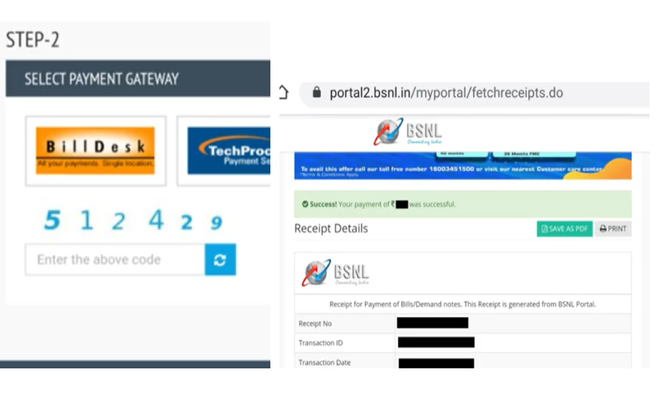 Download Payment Receipt after BSNL bill Payment