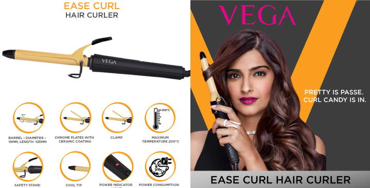 VEGA Ease Curl 19 mm Barrel Hair Curler With Ceramic Coated Plates - Best Curling Iron Brand in India 