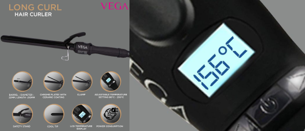 VEGA Long Curl 22 mm Barrel Hair Curler With Adjustable Temperature & Ceramic Coated Plates, (VHCH-04), Black 