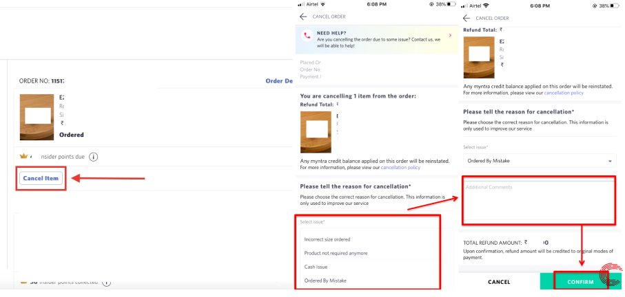 Cancel order on Myntra