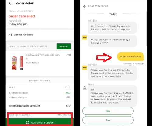 Blinkit Customer Support Order Cancellation
