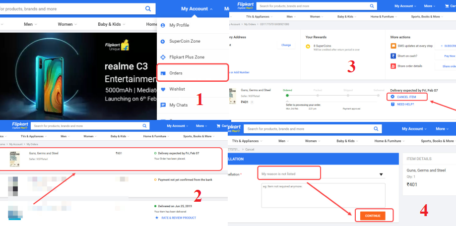 Cancel Order on Flipkart Website