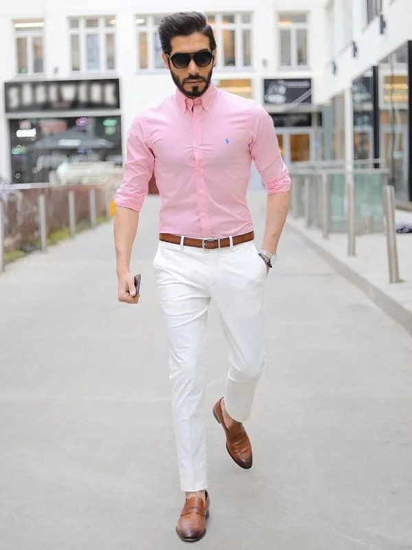 PINK SHIRT WITH WHITE PANTS