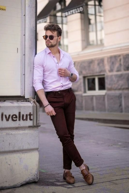 PINK SHIRT WITH BROWN PANTS