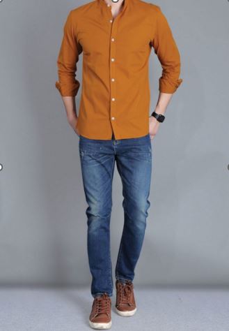 Navy Blue Jeans and Rust Orange Shirt | blue jeans matching shirt