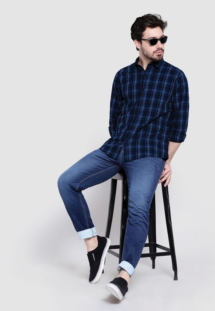 Dark Blue Denim Jeans With Rust And Navy Check Shirt