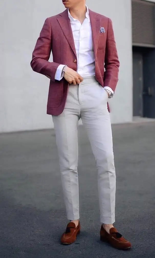 Maroon Blazer with White Shirt and Grey pant