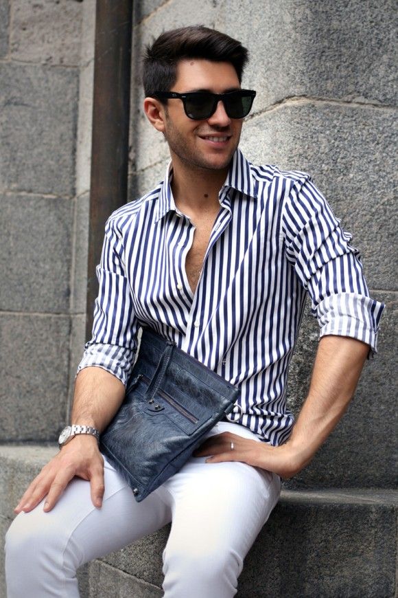 Blue Striped Shirt with White Pants | trouser shirt combination
