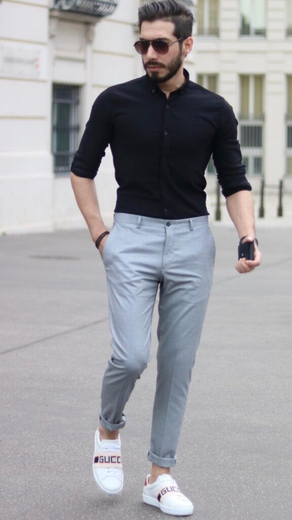 BLACK SHIRT WITH GREY PANTS |trouser shirt combination
