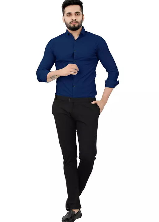 BLUE SHIRT WITH BLACK PANTS