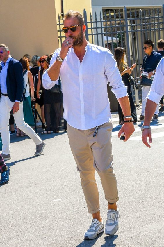 WHITE SHIRT WITH TAN PANTS