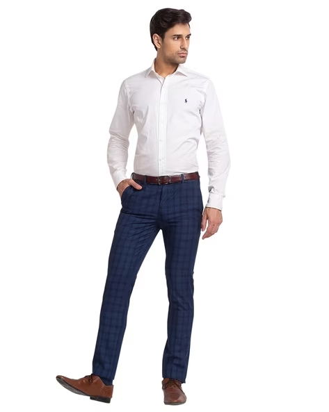 WHITE SHIRT WITH NAVY BLUE CHECK PANTS | shirt and trouser combination

