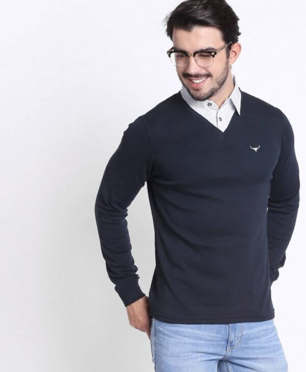 V-Neck T-Shirt with Shirt Collar