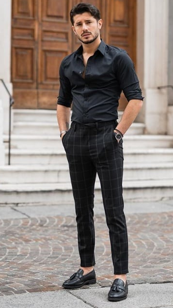 Black Shirt With Patterned Trousers | black shirt matching pant
