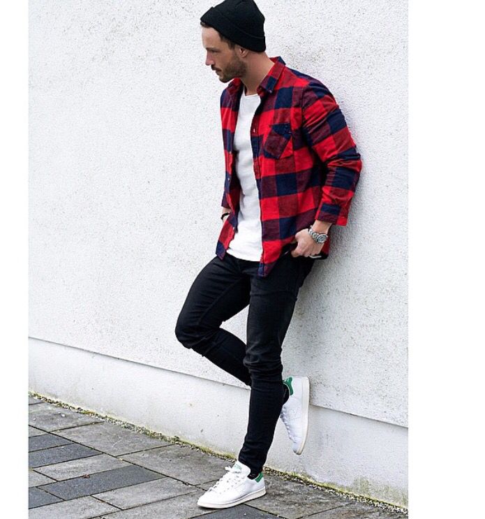 Red & Black Flannel Shirt With Black Pants