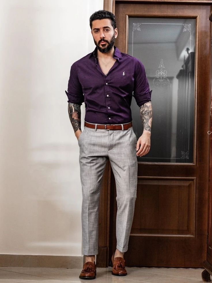 Purple Colour Shirt with Grey Pant | purple colour shirt matching pant