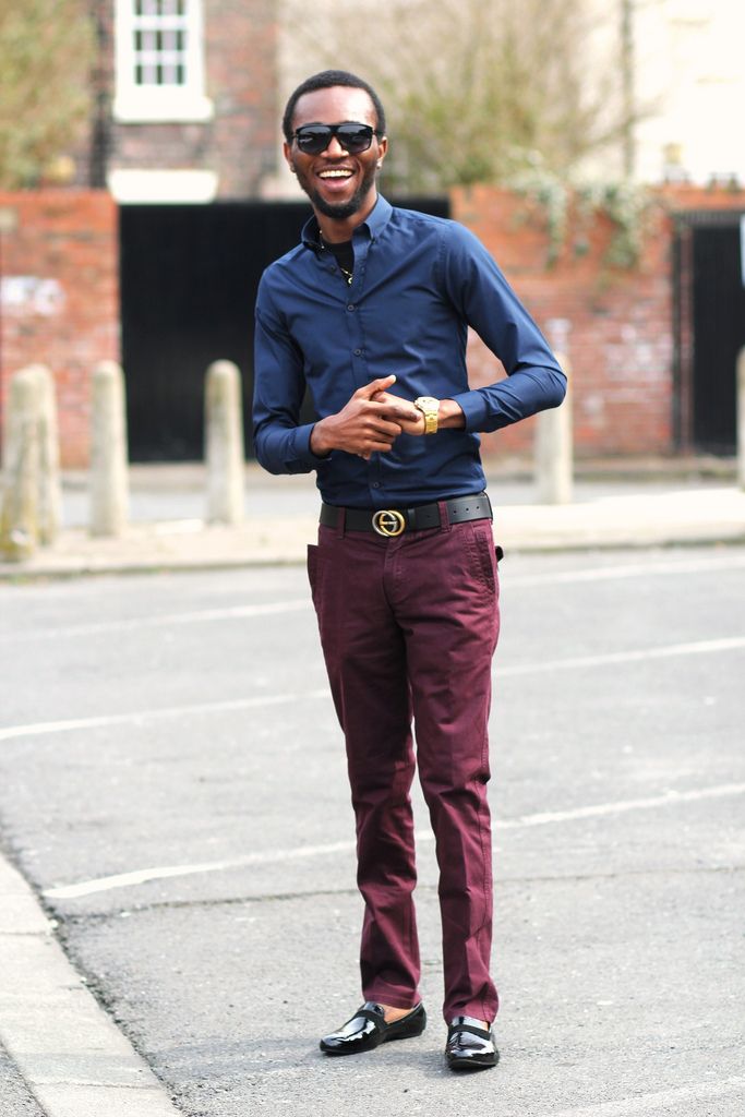 BLUE SHIRT WITH MAROON PANTS