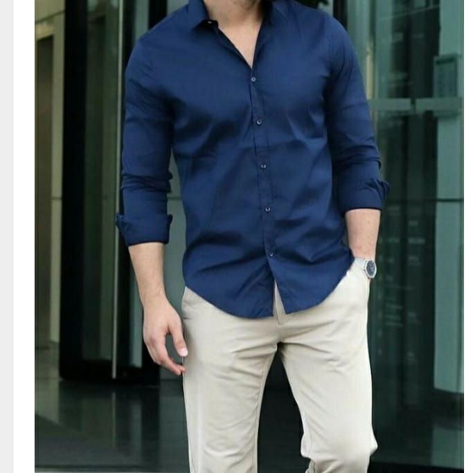 BLUE SHIRT WITH CREAM PANTS | blue colour shirt matching pant