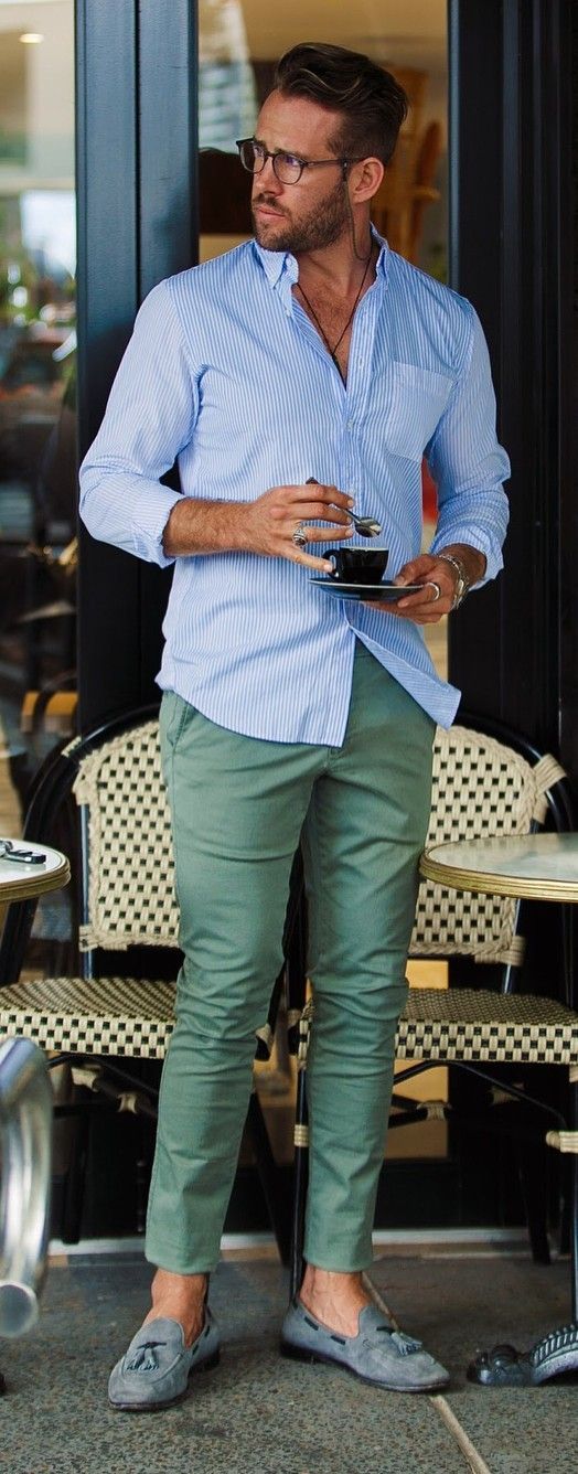 LIGHT BLUE SHIRT WITH GREEN PANTS