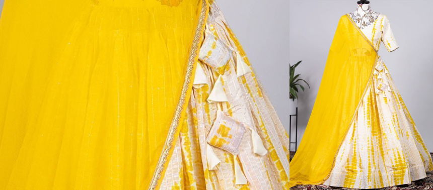 Yellow Crochet Work Chinon Printed Lehenga Choli