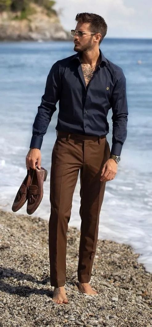 Brown pants with Navy Blue Shirts | brown color pant matching shirt