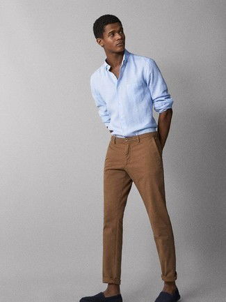 Brown pants with Light Blue Shirt