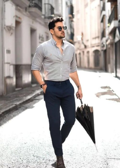 Grey Shirt with Dark Blue Pants