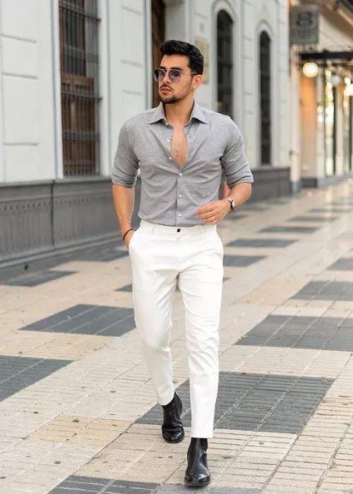 Grey Shirt with White Pants