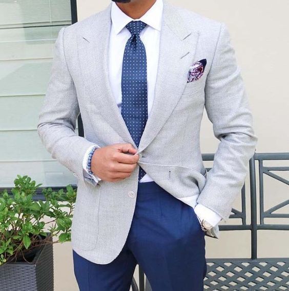 blue pant with grey blazer