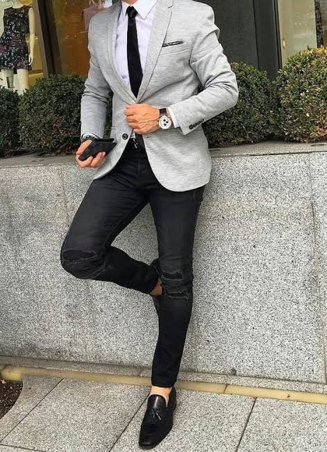 grey blazer black pants