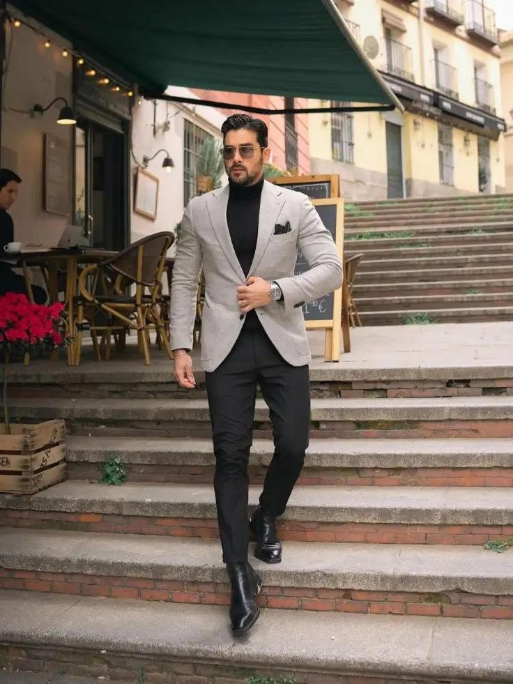 black shirt with grey blazer combination
