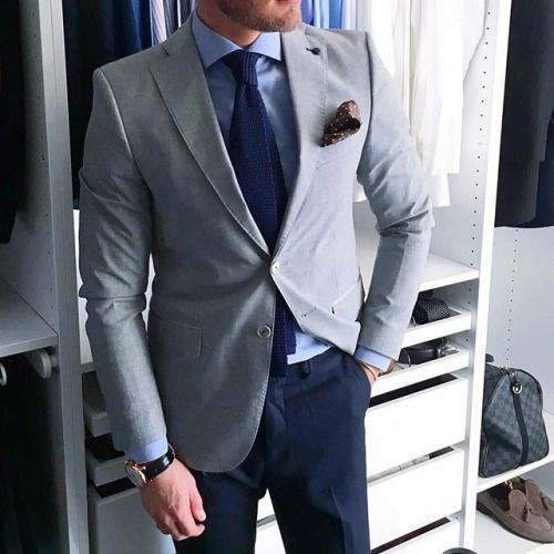 blue shirt with grey blazer combination