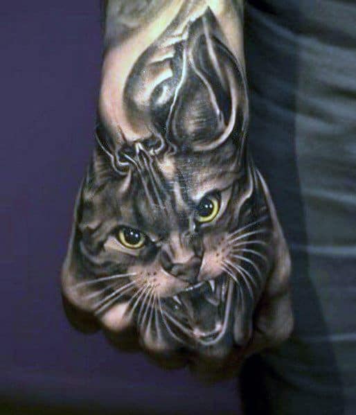 Cat image tattoo for men's hand1