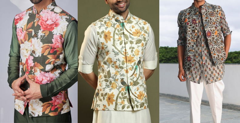 Men's Kurta Pyjama Floral Printed Nehru Jacket Set