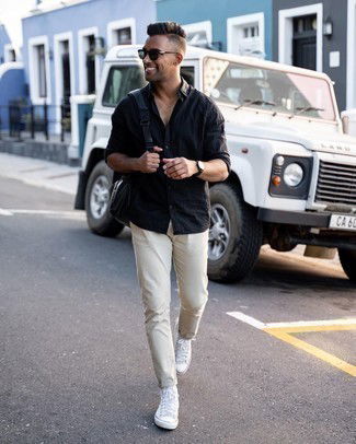 Black Shirt With Cream Pants | cream pants combination