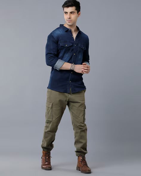 Denim Shirt With Cargo Pants | blue denim shirt combination