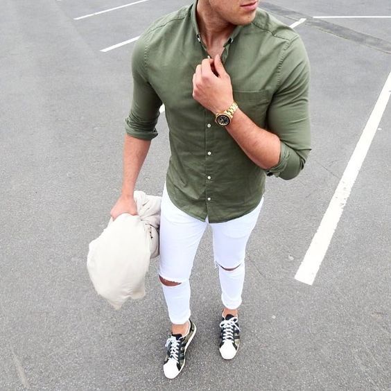 White Jeans with a Green Shirt