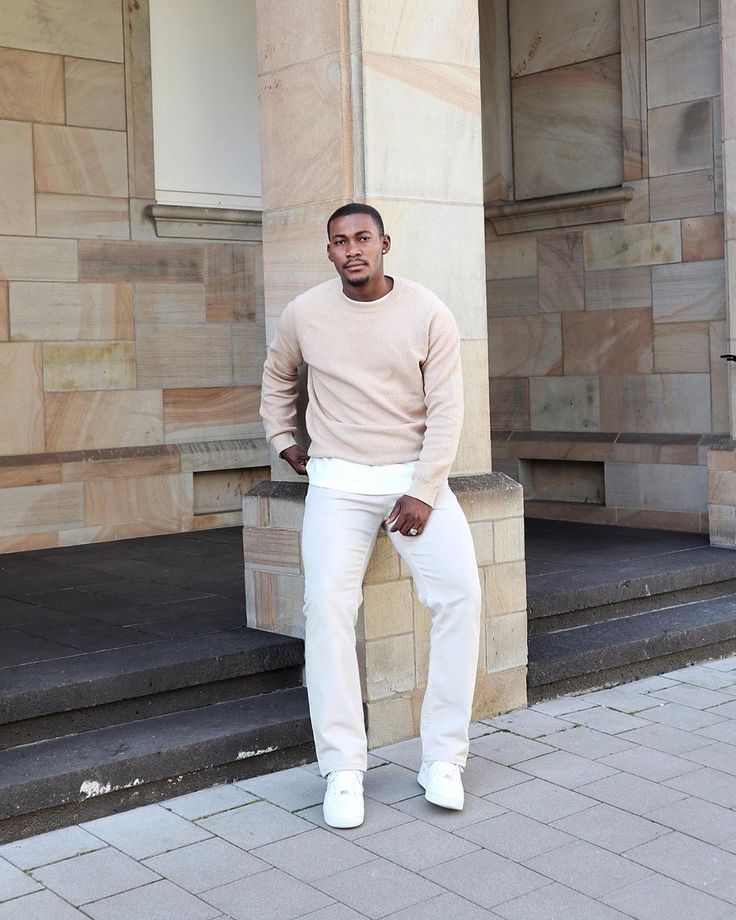 White Jeans with a Beige Sweater