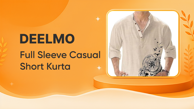 DEELMO Men's Cotton Blend Mandarin Collar Casual Short Kurta | Regular Fit Ethnic Wear